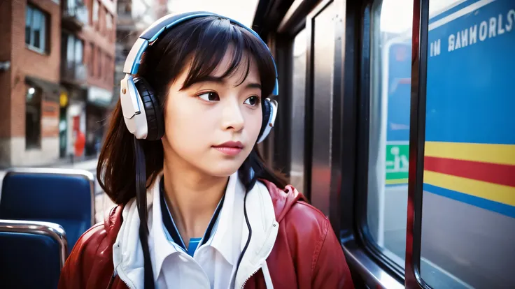 1980s urban pop culture style animation、female、look out the window、headphone, wallpaper, 2d idol girl