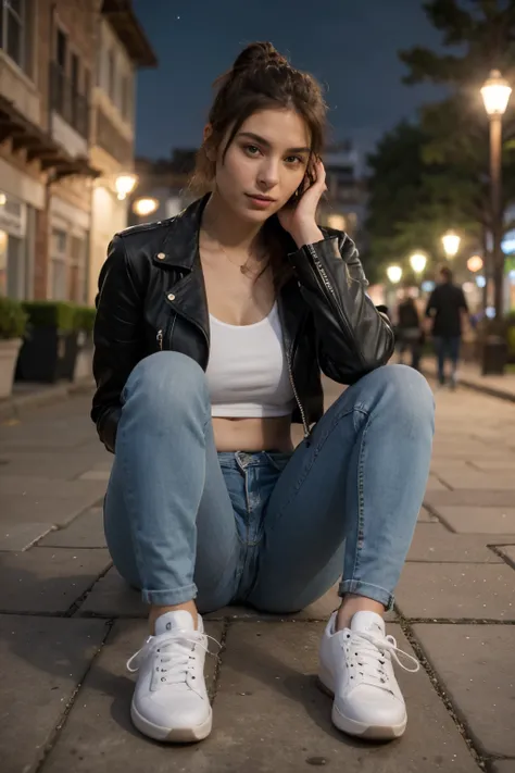 ((Mejor calidad)), ((obra maestra)), (detallado), cara perfecta, sexy woman, dressed in tight denim jeans, sitting sideways wearing a leather jacket, at night, lights, hair up and white sneakers. standing in a park in the city of Cusco, you cant see her ha...