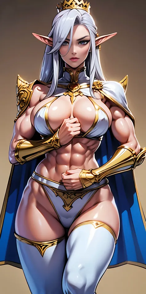 extremely long hair , ponytail, perfect anatomy 1 girl tall solo, slim thick, ((muscular)) high elf toned body, silver breast plate, blue cape, slendered abs, hourglass waist, detailed face, defined cheekbones, puffy lips, gauntlets, gold crown, shadow ove...