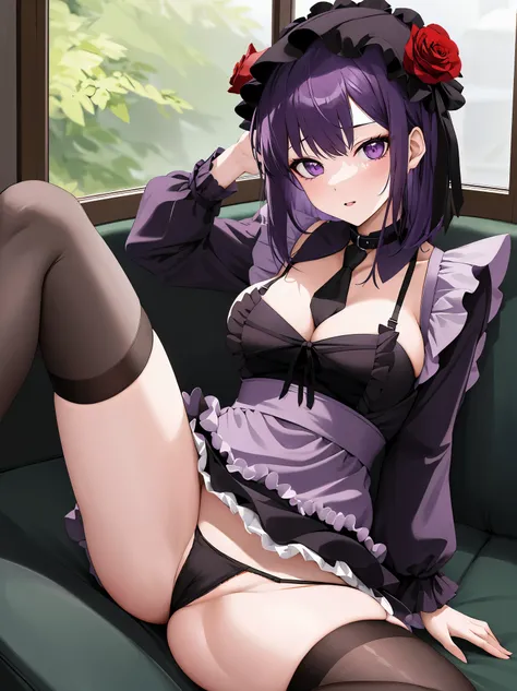 masterpiece, best quality, highres, kitagawa marin, 1girl, purple hair, medium hair, purple eyes, bonnet, red rose, collar, gothic, frills, black dress, black necktie, cleavage, long sleeves, white apron, thighhighs, sitting, spread legs, panty shot, train...