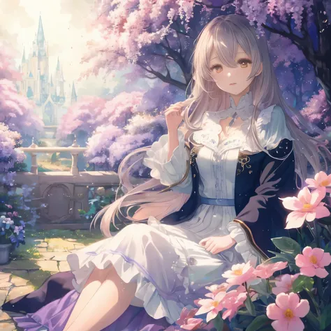 (high quality, 8K), (soft light), Rainbow-colored, one girl, detailed face, fine eyes, watercolor paiting,  so magical and dreamy, dreamy and detailed, dreamy atmosphereとドラマ, gorgeous atmosphere, Fantastic and beautiful lighting, dreamy atmosphere, beautif...