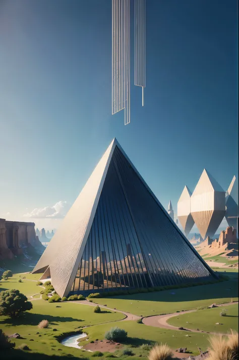 Visualize a massive geometric shape that dominates the landscape with its imposing presence. Picture a colossal structure, perfectly symmetrical and constructed with precision, standing tall against the horizon.Envision a giant geometric shape such as a to...