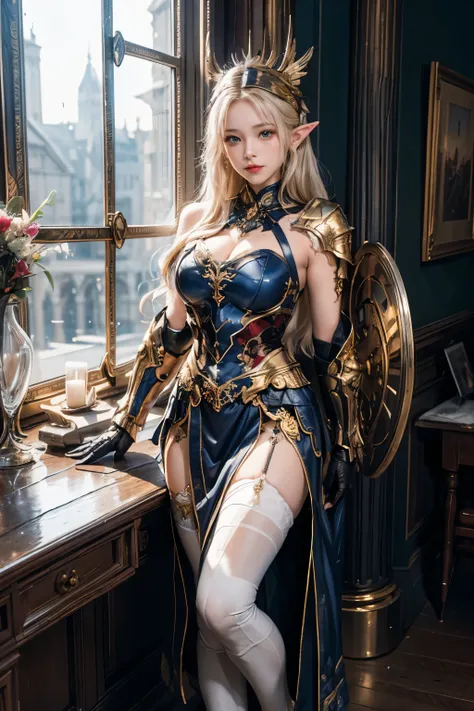 (8K, Raw photography, top-quality, ​masterpiece:1.2), One elf Woman、girl at the age of 18,fullllbody.{scinematic angle、Wide Angle、Dont split the screen、}（Realistic Skins 1.4）、（valkyrie、Valkyria）、（（（Western knights、Plate armor covering the whole body、Metal ...