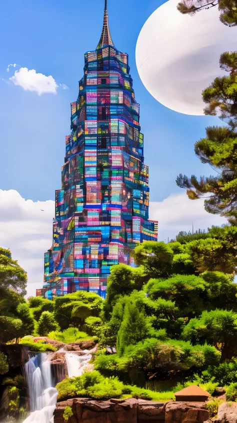 best quality, super fine, 16k, RAW photo, photorealistic, incredibly absurdres, extremely detailed, tower made of many giant geometrically shaped blocks stacked on top of each other, translucent iridescent sphere that shines in the center, fantasy world im...