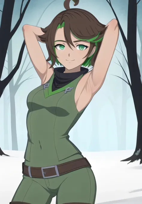 masterpiece, best quality, (Jessica_Cruz_rwby), (green eyes),  (1girl), (green eyes), solo, night sky, forest, arms behind head, contrapposto, spread armpits, closed mouth, looking at viewer, dynamic pose, smile, cowboy shot,