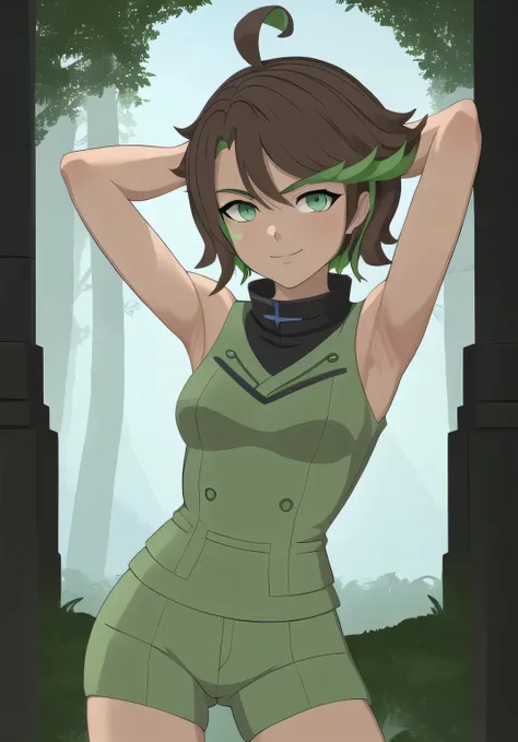 masterpiece, best quality, (jessica_cruz_rwby), (green eyes),  (1girl), (green eyes), solo, night sky, forest, arms behind head,...