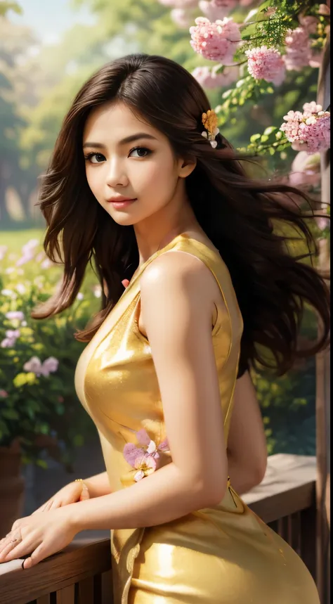 beautiful eyes, soft smile, vibrant colors, dreamy atmosphere, oil painting style, elegant dress, blooming flowers, golden sunlight, graceful pose, fine brushwork, realistic shadows, ethereal background