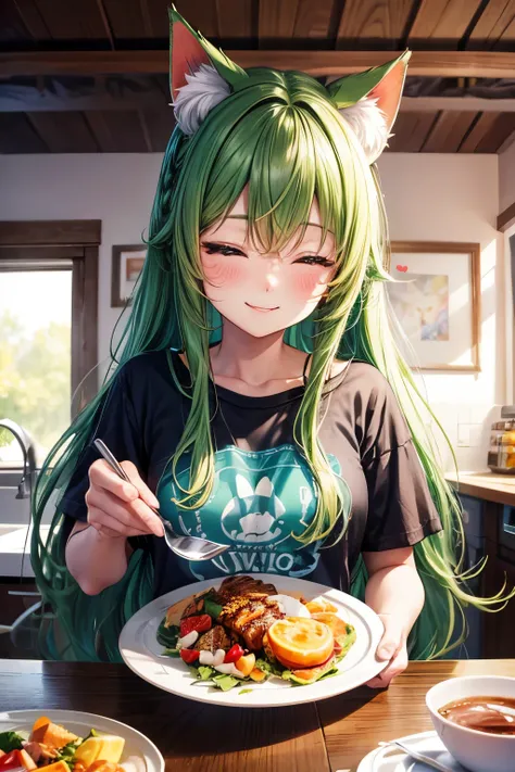 Best quality, high res, perfect human structure, focus on background, front view, baby, , sleepy, breakfast, kitchen, green hair, shiny hair, cat ears, heart shaped pupils, wavy hair, shiny hair, smiling, t shirt, beautiful,