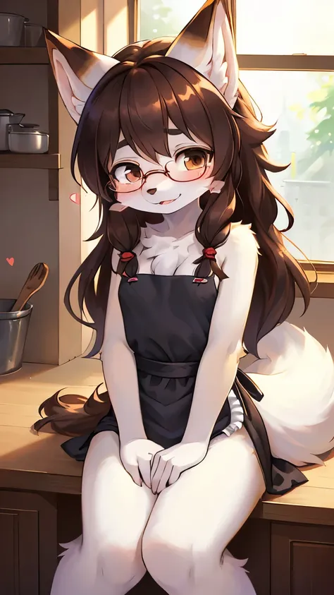 best quality,best resolution,(fluffy anthro furry :1.6),(young :1.6),fox girl,dark brown long hair,wavy hair,messy hair,small breasts,white fur,white body fur,white fox tail,glasses,naked apron,beautiful kitchen,romantic light,looking at viewer,embarrassme...