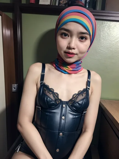 (WEARING SUSPENDER), ((Open mouth)), Naked singlet (((HIJAB MALAY GIRL))), masutepiece, High quality, UHD 32K, Realistic face, Realistic skin feeling , A Japanese Lady, 8 years old, , Very cute and baby-like face, (((FLAT CHEST))), (MATRIX WORLD), ((look I...