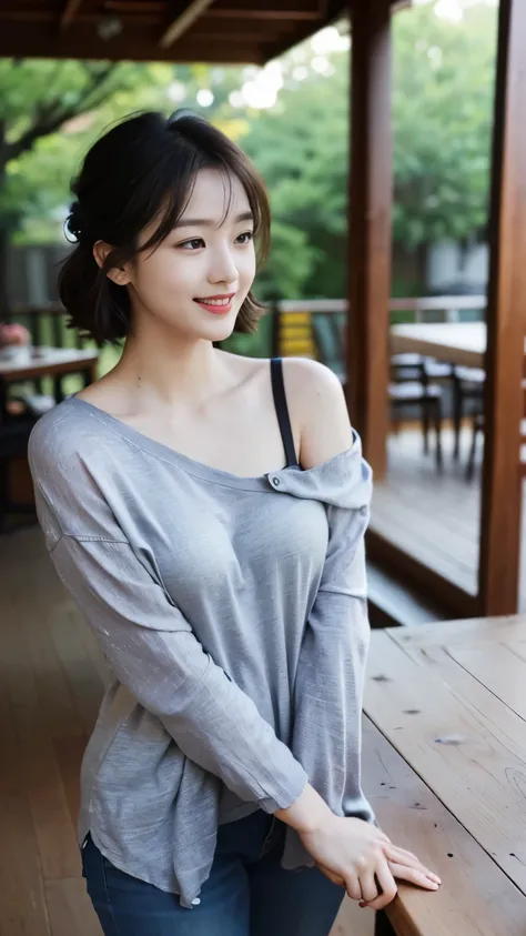 (((best quality, 8 thousand, masterpiece:1.4)), (20 year old woman), masterpiece, distinct, highres, high_quality, wide_shot, small_face, absurdly_short_hair, female, sagging_breasts, balancing, stretching, gentle_face, bare_shoulders, ((best quality)), ((...