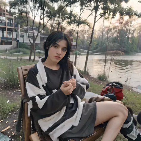 A boy handsome, black hair, black eyes,  sit down on a wood antic chair, look smart and diligent, real photographic, hight performance,  around him is  lake and little forest 