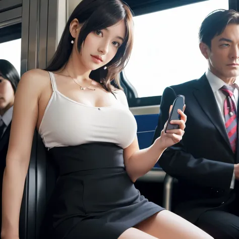 tifa lockhart、(Inside a crowded train:1.8)、(many passengers:1.8)、(surrounded by many businessmen:1.8)、(The businessman next door is closely following:1.7)、(The businessman in the back is close up:1.6)、(Inside a very crowded car:1.8)、(立っているtifa lockhart:1.8...