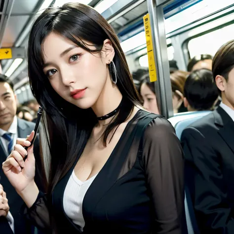 tifa lockhart、(Inside a crowded train:1.8)、(many passengers:1.8)、(surrounded by many businessmen:1.8)、(The businessman next door is closely following:1.7)、(The businessman in the back is close up:1.6)、(Inside a very crowded car:1.8)、(立っているtifa lockhart:1.8...