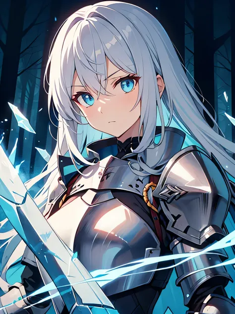 dark forest background, silver hair, female knight, iron chestplate, iron sword, icy aura, light blue eyes, cold expression