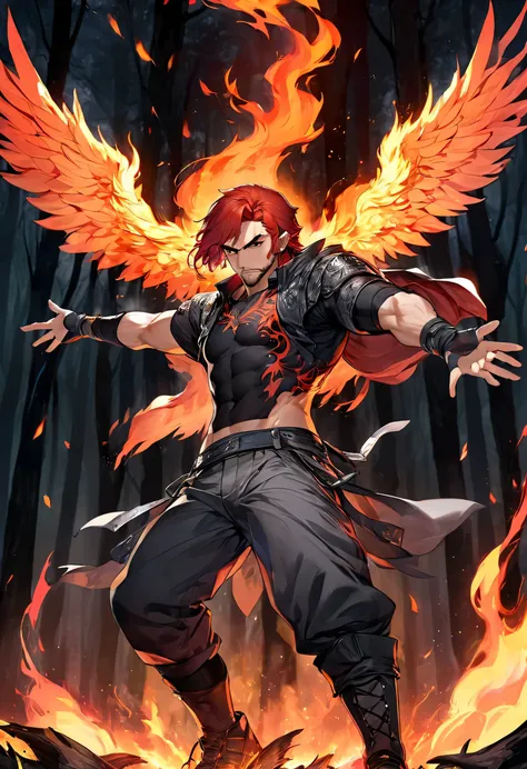 Man similar to ganondorf from the legends of zelda game Light skin tone with short red hair with a short beard, muscular with volume and eagle wings on his sword covered in fire. short black carbon fiber shirt attached to the chest marking his abdomen and ...