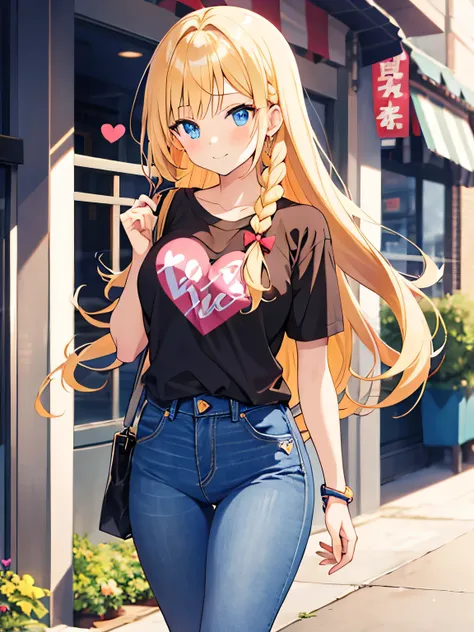 anime girl, long blonde straight hair, side braid, jeans, heart t-shirt