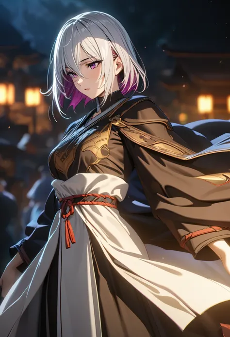 ((solo)), (woman), garnet eyes, silver hair, very short hair, straight hair, colored inner violet hair, (sculpted body), small-medium breasts, thick, (37 year old), a close up of a person on a village under the sunrise, detailed key anime art, casimir art,...