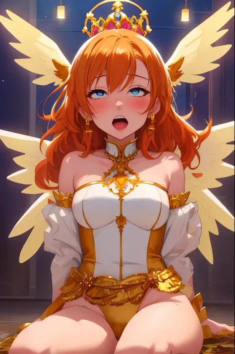 (Masterpiece, Best Quality, High Quality),volumetric lighting, illustration, beautiful,Kousaka honoka, cowboy shot, blue eyes, orange hair, white bodysuit, sexy, goddess wings, gold tiara,on heaven, blue sky , open mouth, thighs , sitting on ground, spread...