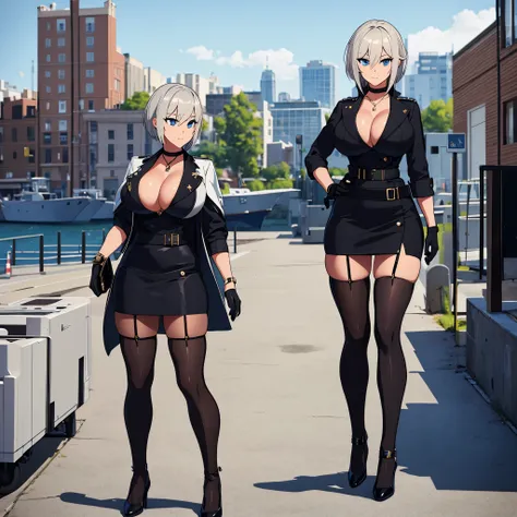 A woman wearing a dark military coat, exposed breasts, large breasts, short black skirt, long stockings, womens shoes, short silver hair, blue eyes, on a naval dock, building in the background, pleasant weather on the dock,HDR, ultra resolution, very detai...