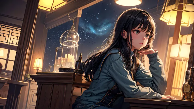 Singular light, alone, woman, cosmic, fantsy, looking away:1.4, adult, busty, Ghibli-like design, living room, sitting, dark hair, studying, face seen from the side, Completely sideways,landscape orientation, side view, bar