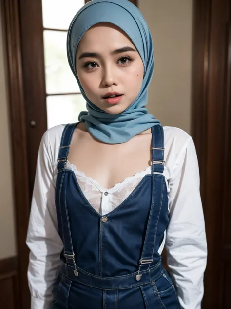 (WEARING SUSPENDER), ((Open mouth)), Naked singlet (((HIJAB MALAY GIRL))), masutepiece, High quality, UHD 32K, Realistic face, Realistic skin feeling , A Japanese Lady, 8 years old, , Very cute and baby-like face, (((FLAT CHEST))), (MATRIX WORLD), ((look I...