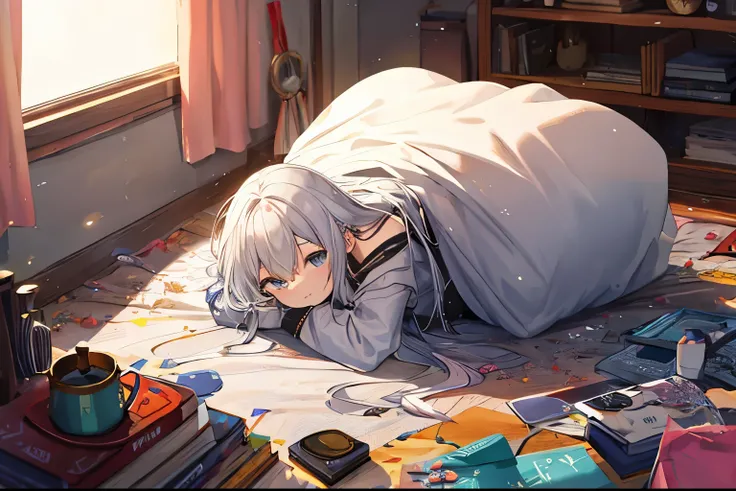 pretty girl, silver hair, long hair, messy hair, shiny hair, messy room, Lazing around in the room