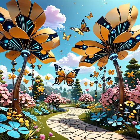 Playfully blend AI and organic elements in a whimsical landscape, featuring robotic butterflies pollinating pixelated flowers and quirky talking trees.