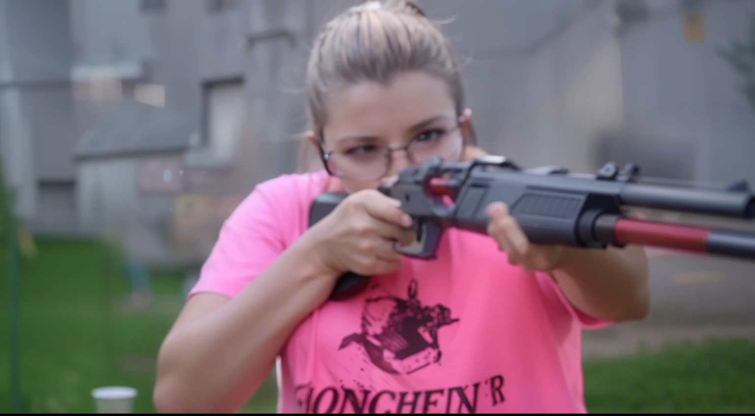 A woman in a pink shirt holding a gun、Aiming, Mia Kishner, Sascha Schneider, photo from behind, over the shoulder shot, upper body shot, Jenny Pasanen, 2 years old 0 years old, with a pistol, Sandra Peltzer, with rifle, Processing of breast riffles, gunner...