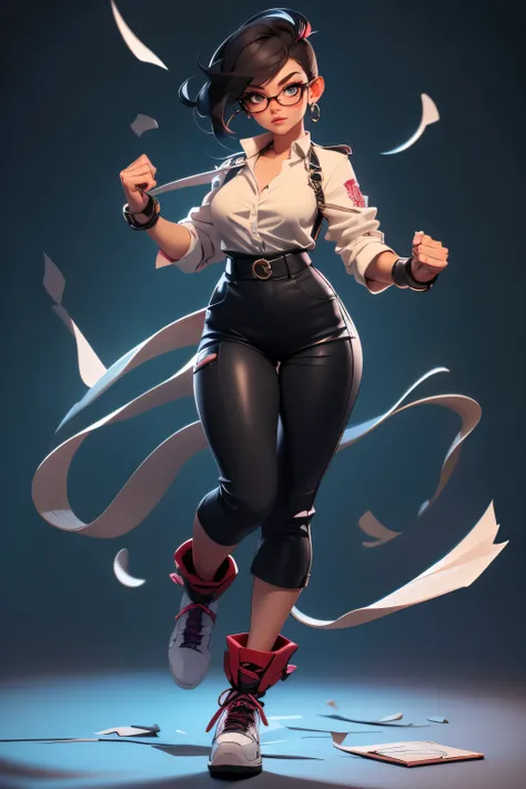 Wide angle shot, full body image, beautiful female street fighter, wearing large glasses, black undercut hair, wearing large steel knuckles