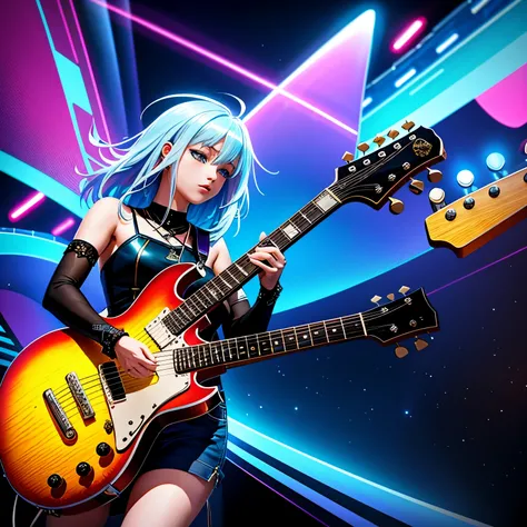 In the heart of an anime world, a captivating electric guitar shines under the vibrant neon lights. Its sleek, curved body is adorned with intricate patterns, reflecting the pulsating colors of the surrounding cityscape. The strings vibrate in sync with th...