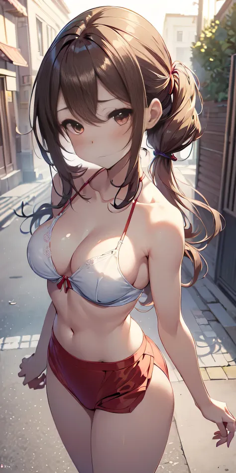 All intricate details: "(masterpiece, best quality, HuTao, 1girl, solo, blush, twintails, long hair, hair between eyes, ((very short street wear clothes)), city, outdoors, night, extremely detailed, firm breasts, medium breasts, smooth, high resolution, ((...