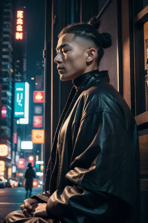 cyberpunk, monk, meditating in the city