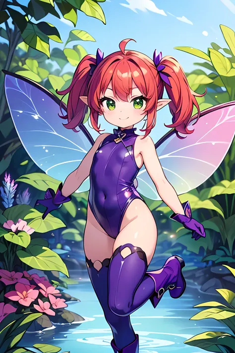 (masterpiece, best quality, highres, ultra detailed, unity 8k wallpaper:1.3), shiny hair, kawaii, 1girl, solo, (very young child:1.1), (red hair, twintail, pointed ears, green eyes, purple leotard, purple gloves, purple boots:1.2), aqua fairy wings, fairy,...