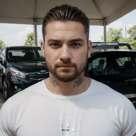 (best quality,highres,ultra-detailed,realistic:1.37),Kia Rio white sedan in the background,white man with slicked-back hair,bearded with tattoos on his arms,Funko version