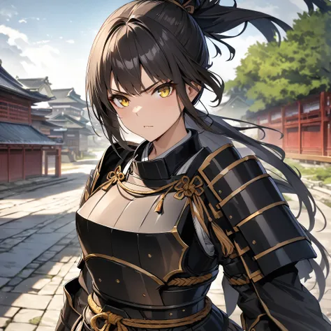 A woman wearing black heavy samurai armor with gold details, black hair, ponytail hair, yellow eyes, serious face, on an ancient Japanese road, Japanese palace in the background with sakura trees around, HDR, ultra resolution, very detailed, masterpiece, u...