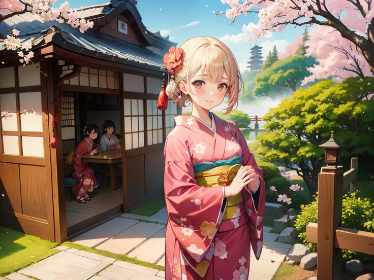 3girls, 28 years old, (kimono), blush, (embarrassed smile), (in japanese garden), (cherry tree in full bloom), cowboy shot, masterpiece, super detail, best quality