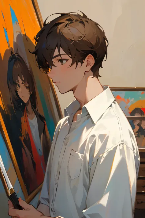 Masterpiece, highres, best quality, solo, male, short hair, light brown hair, white shirt, artist, paintbrush, canva, pictures