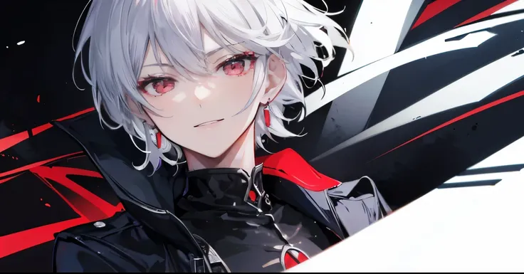 High resolution, 2D anime style,,cool men,short hair,tall,silver hair,beautiful earrings,red eyes,Dark Fashion,He is laughing alone,