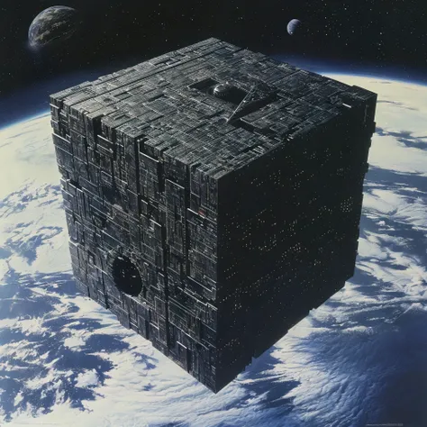 (best quality,4k,8k,highres,masterpiece:1.2),ultra-detailed,(realistic,photorealistic,photo-realistic:1.37),concept art of a Borg Cube from Star Trek: The Next Generation orbiting Earth