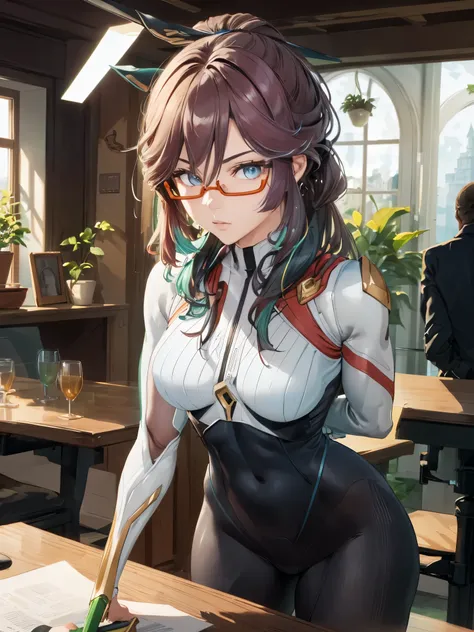 (masterpiece, best quality), 1girl, xianyun, glasses,ponytail, red-framed eyewear, under-rim eyewear,ponytail,
break ((bodysuit:...