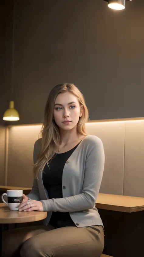 A woman named Lara Bauer, trinkt einen Kaffee, ((shes sitting in a café)), ((eine Tasse Kaffee steht auf dem Tisch)), ((she is a 22-year-old woman, She has beautiful shoulder-length blonde hair, (yellow-brown blonde hair), (blonde tiny eyebrows), bright gr...