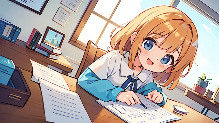 (masterpiece, 最high quality), high quality, Super detailed, cute, cute, 1 girl, Happy, office,,White Board, cinematic angle