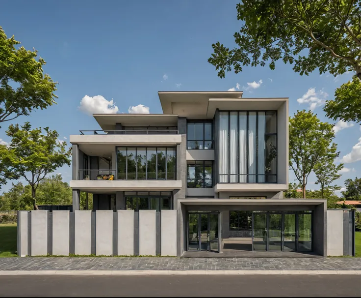 chef-d'artwork, high quality, best quality, authentique, Great detail, en plein air, villa de plain-piedXL, credit group, style de maison moderne dans la rue ,escaliers, mur blanc ,route,pavement, herbe, des arbres, ciel, nuage, (day light:1.1)