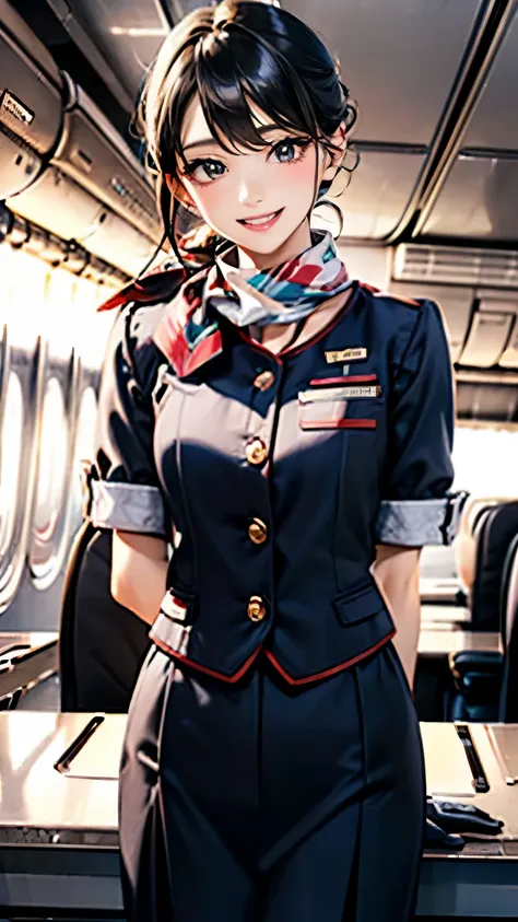 A breathtaking masterpiece、Filmed in stunning 8K resolution、This portrait is exquisitely painted..、that&#39;genuine.。The scene is bathed in HDR light....、that depicts a beautiful woman in the middle distance.、(black hair)、medium breasts、((flight attendant、...