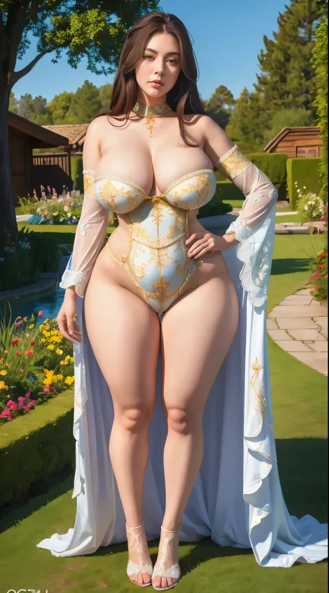 (m1n1jello:0.6), wide hips, curvy, pawg, large breasts, thick thighs, standing, close shoot, from below, in a garden, slim, slender, (masterpiece), (best quality:1.2), absurdres, intricate details, (highly detailed skin:1.2),, photorealistic, beautiful wom...