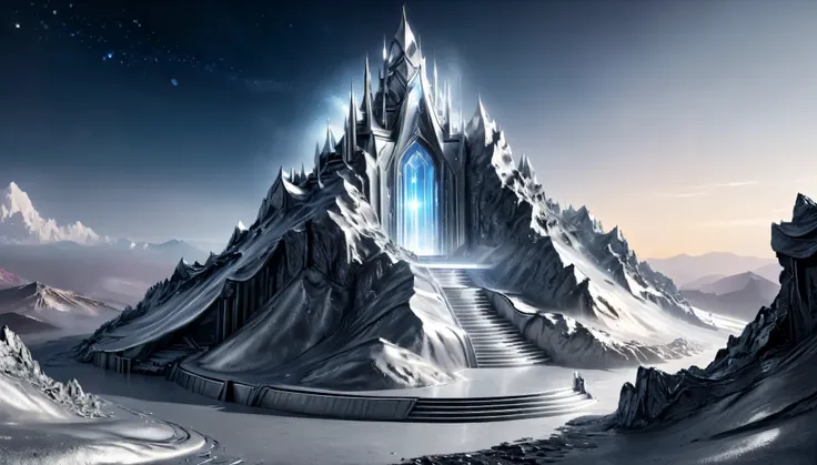 Masterpiece, best quality, 8k, open arena, silver mountain top, wide space, silver metal radiation, magical glow, ethereal magic.