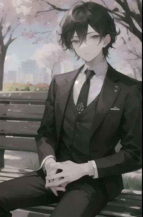 correct anatomy、well-groomed face、Man sitting on a park bench,Handsome,Ensemble Stars!,foreshortening