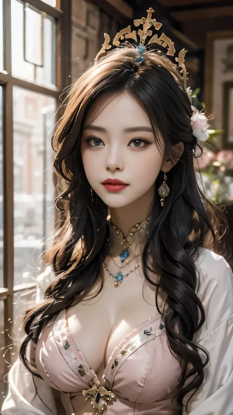 Portrait of a 20-year-old young saint, Saints has a beautiful and super cute face,Wearing very thin and sexy long hat, beautiful cute face, There is a deep gap in the chest、Charming Ao Dai with black and white lace trim, Beautiful face without blemishes, c...