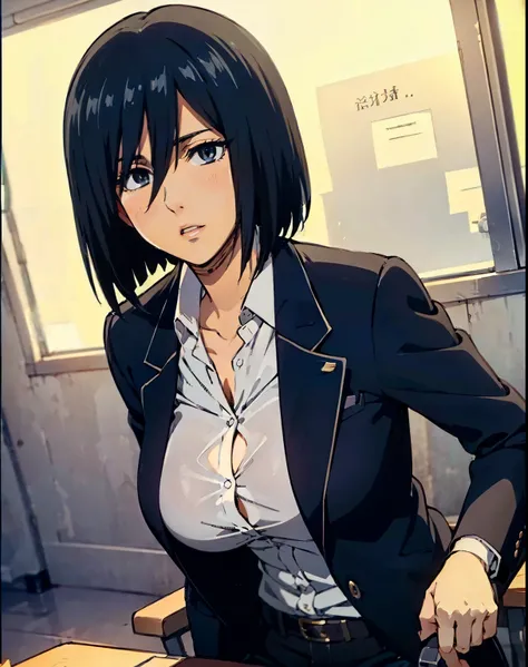 (masterpiece), best quality, expressive eyes, perfect face, solo Mikasa Ackerman in office room in office sitting on table uniform from Attack on Titan 30 year old women seductive body big breasts big thigs facing towards screen parted lips feminine figu...